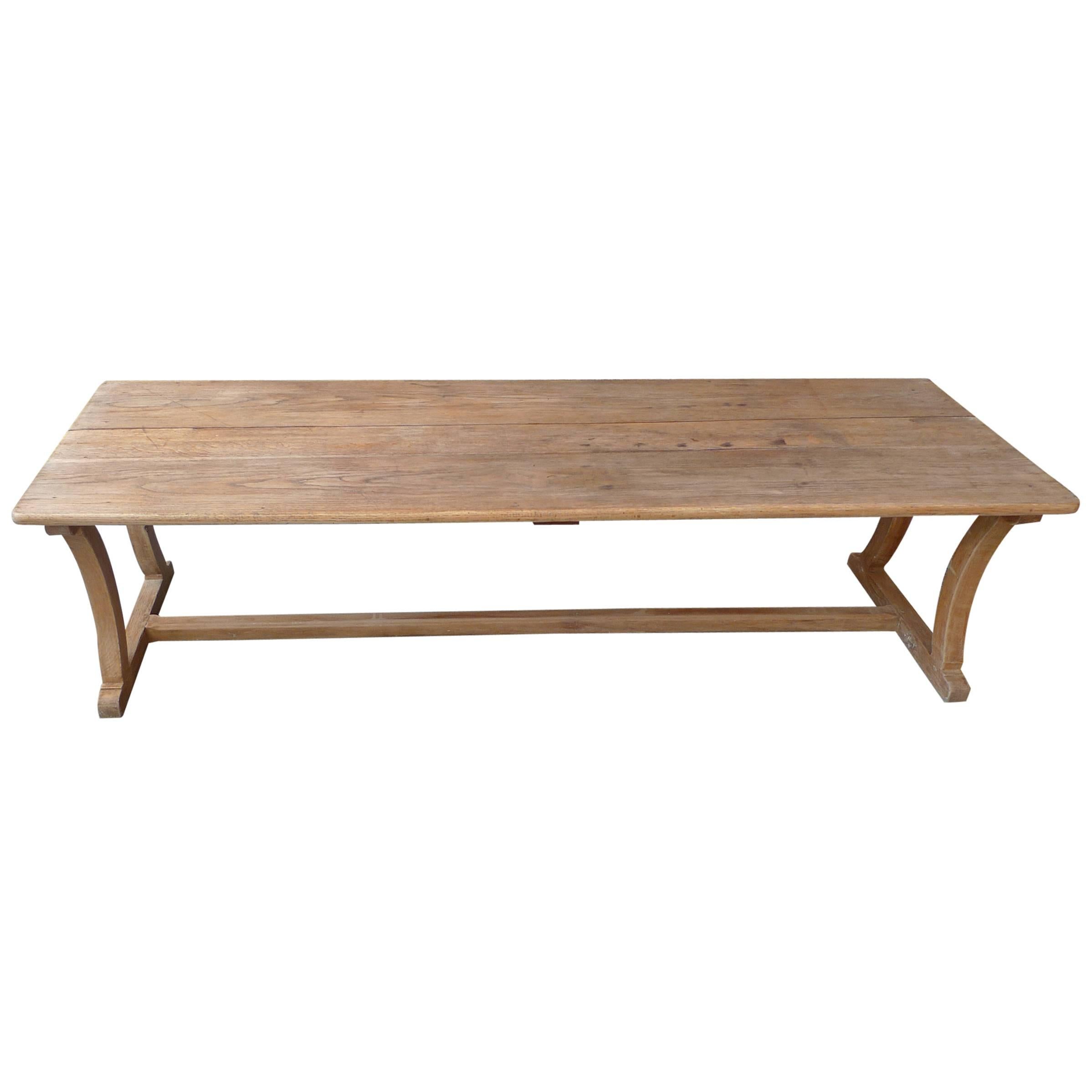 French Long Mid-20th Century Pinewood Trestle Coffee Table