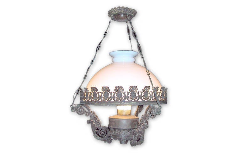 Swedish 1950s toile and milk glass half globe pendant with up and down lights.