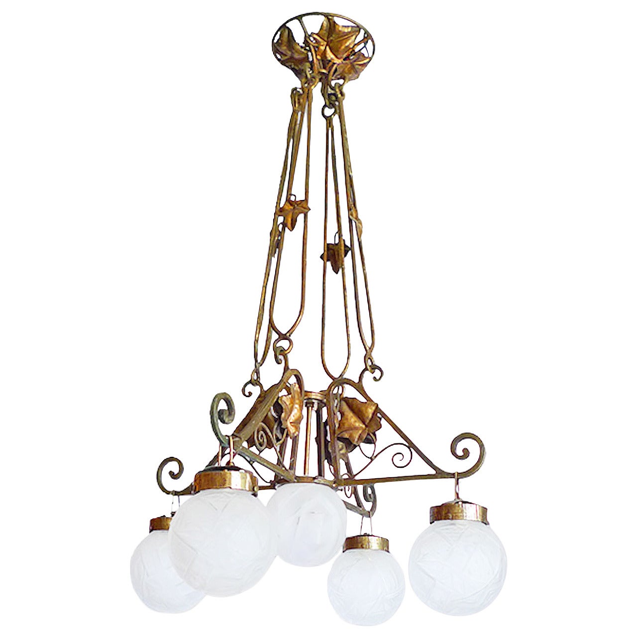 French 1920s Bronze Chandelier with Five Lights Covered by Etched Glass Globes