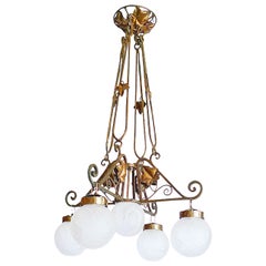 French 1920s Bronze Chandelier with Five Lights Covered by Etched Glass Globes