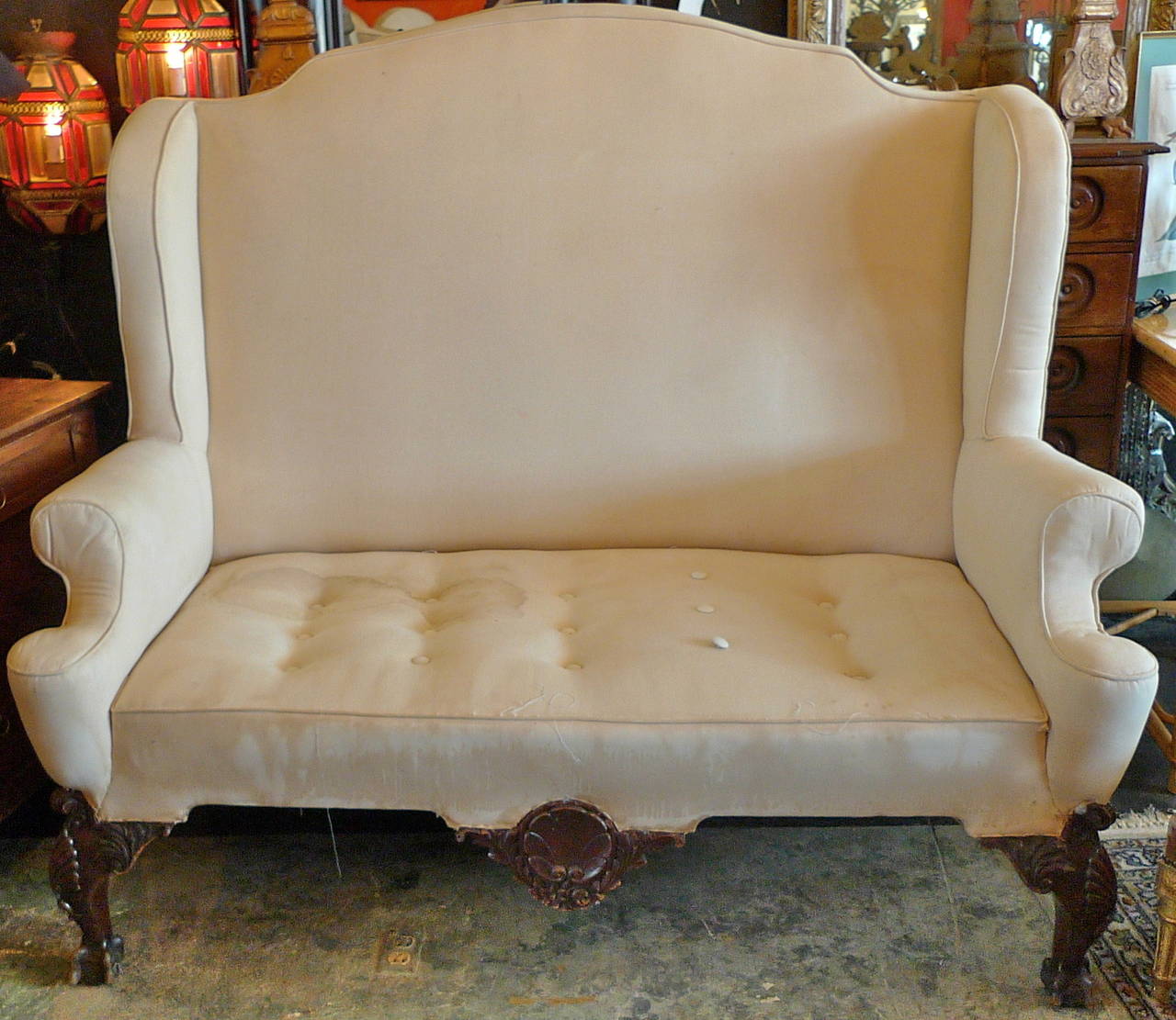 English 18th century Georgian mahogany wingback sofa. Sold as is. To be re-upholstered.