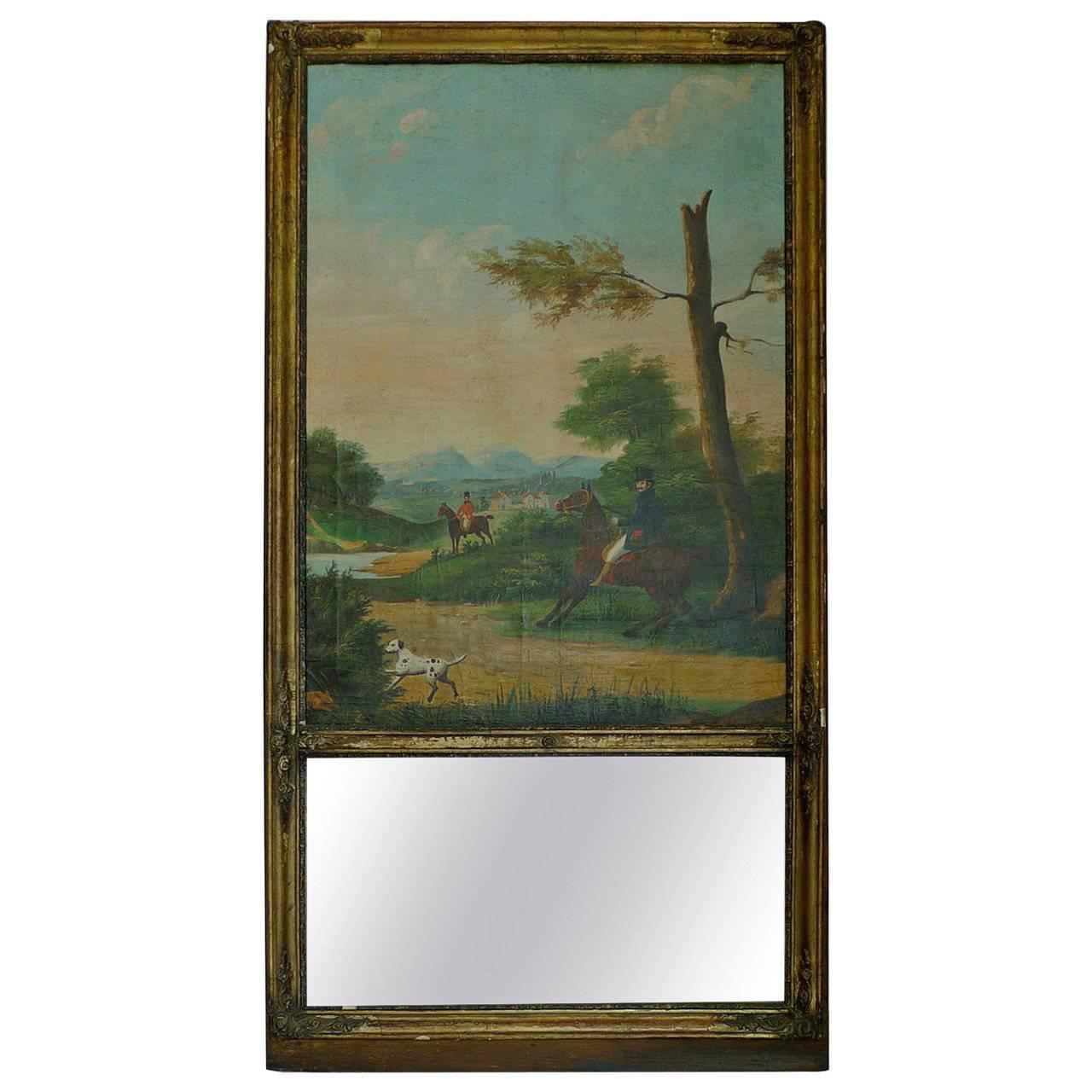 French 19th Century, Louis XVI Trumeau Mirror with Oil on Canvas Hunting Scene