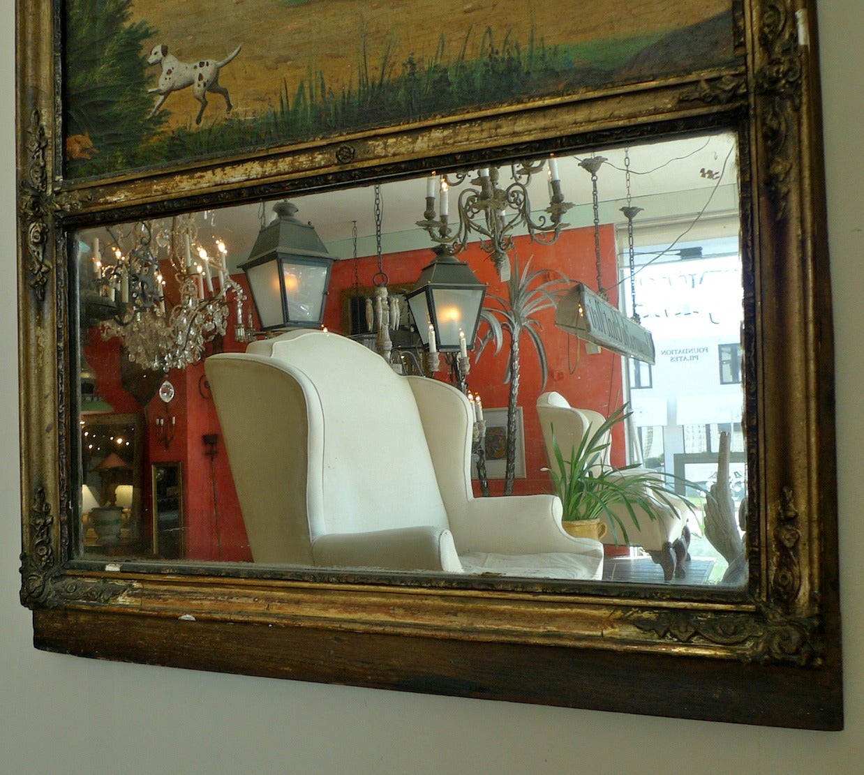 French, 19th century Louis XVI gold-leaf trumeau mirror with oil on canvas painting scene and original mirror glass.