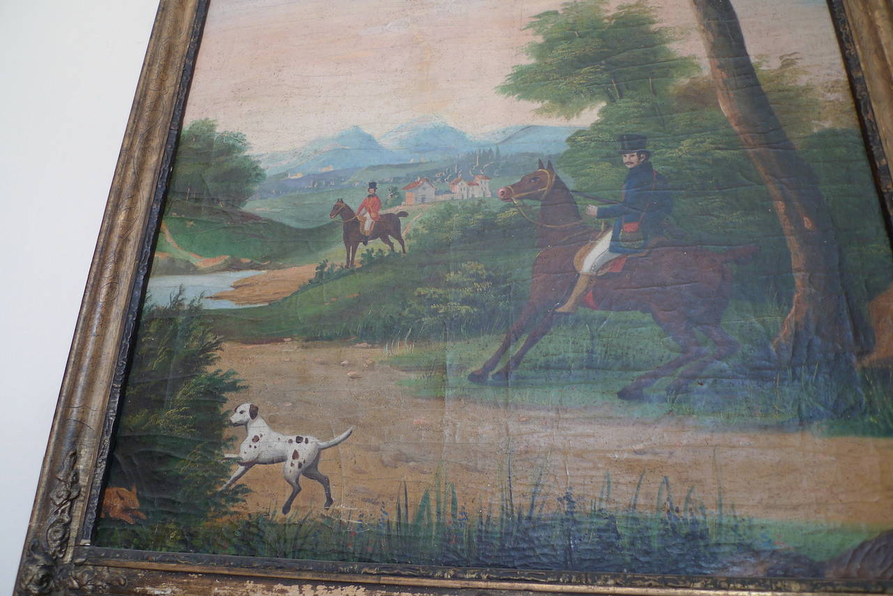 French 19th Century, Louis XVI Trumeau Mirror with Oil on Canvas Hunting Scene In Distressed Condition In Santa Monica, CA