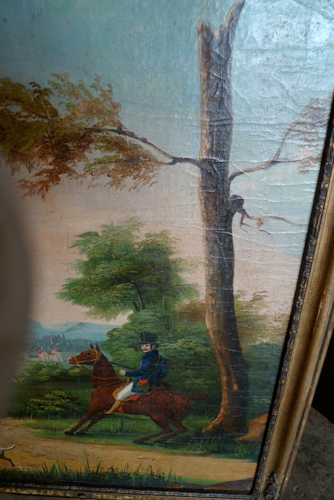 French 19th Century, Louis XVI Trumeau Mirror with Oil on Canvas Hunting Scene 4