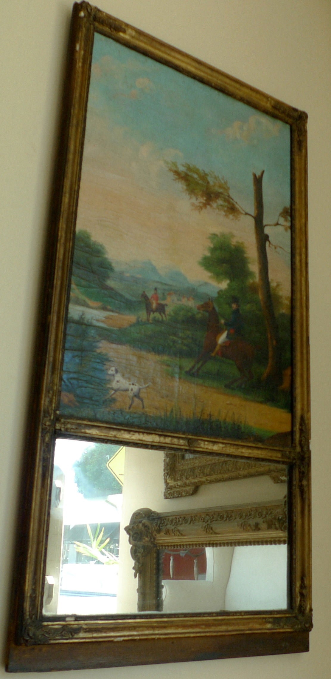 French 19th Century, Louis XVI Trumeau Mirror with Oil on Canvas Hunting Scene 6