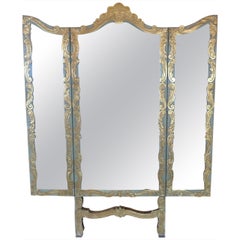 Spanish 19th Century Folding Triptych Gold and Green Decorative Wall Mirror