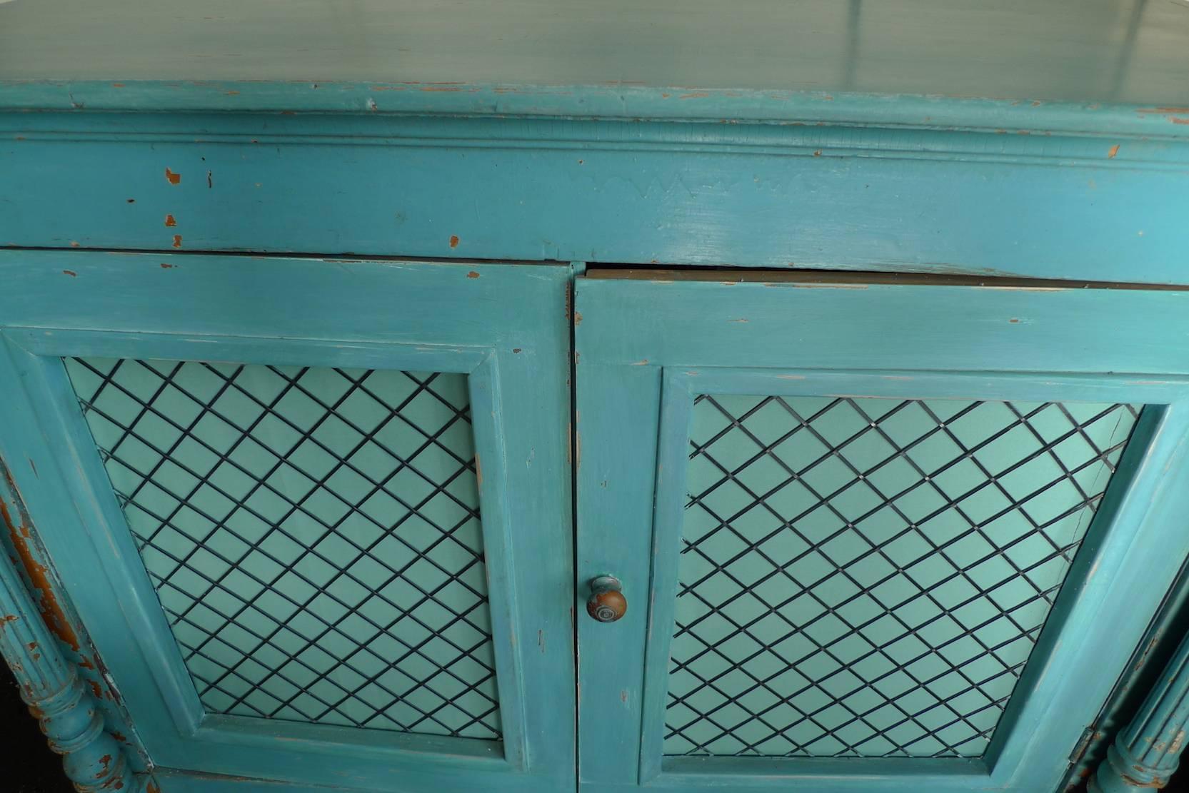 French 19th century painted buffet with two doors with strong diagonal wire mesh and one shelf.