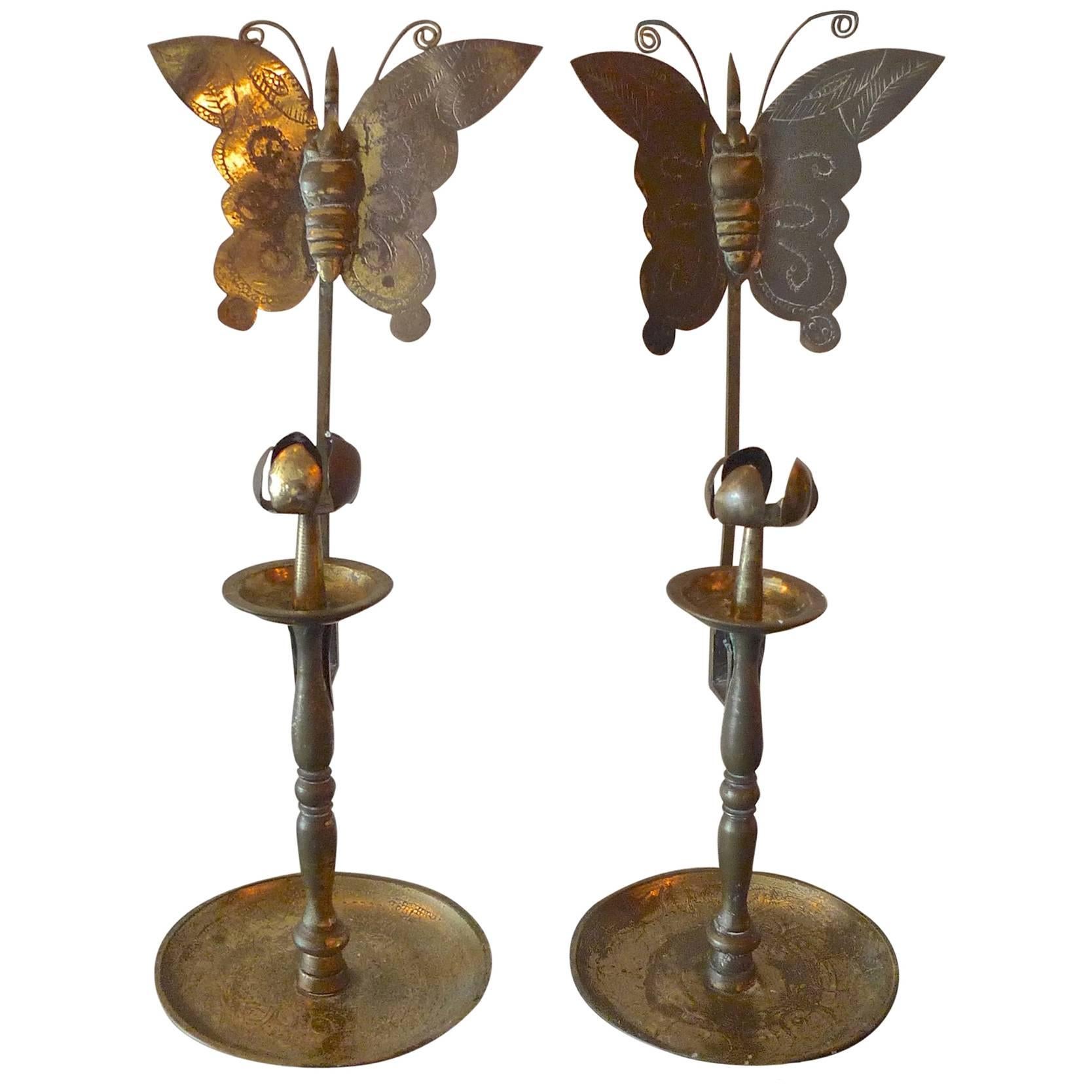 2 French 19th Century Etched Polished Tin Candleholders