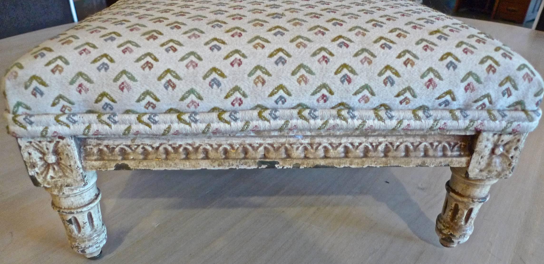 French 19th Century Four-Leg Foot Stool Newly Re-Upholstered with Vintage Fabric 5