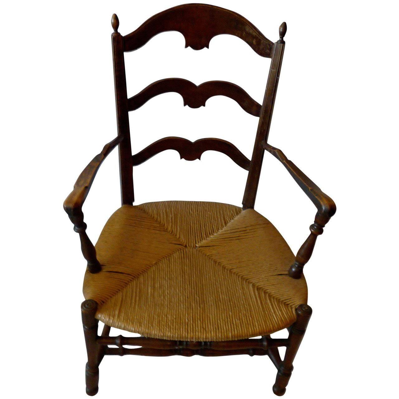 French 19th Century Country Ladder Back Armchair with Rush Seat