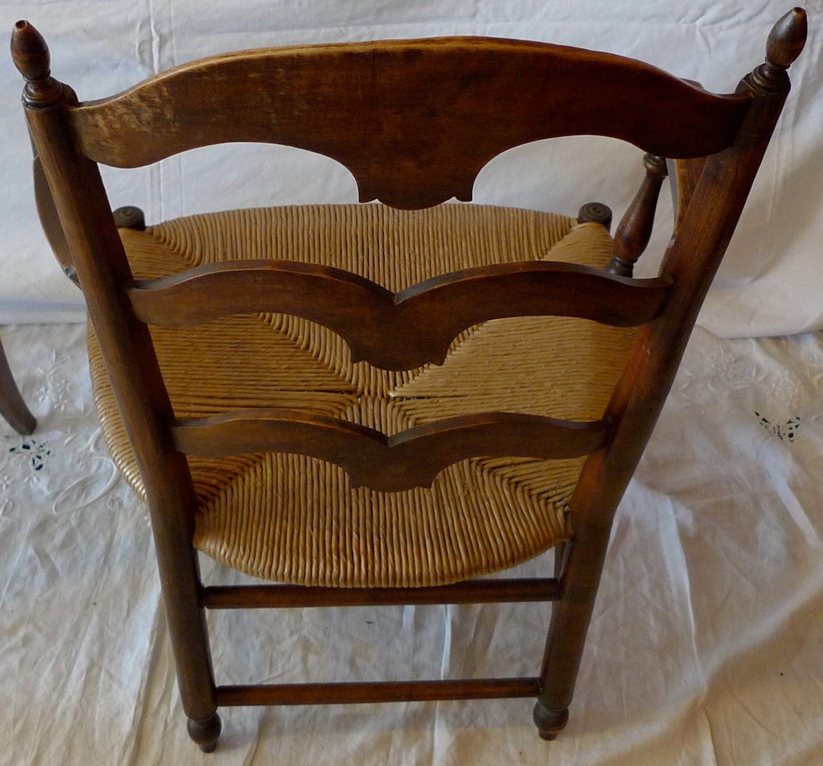 Stained French 19th Century Country Ladder Back Armchair with Rush Seat