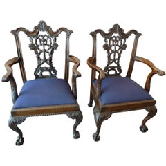Two Irish Late xviii Georgian Stained Walnut Re-Upholstered Chippendale Chairs