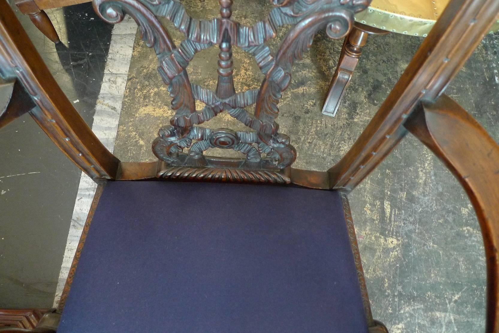 Hand-Carved Two Irish Late xviii Georgian Stained Walnut Re-Upholstered Chippendale Chairs