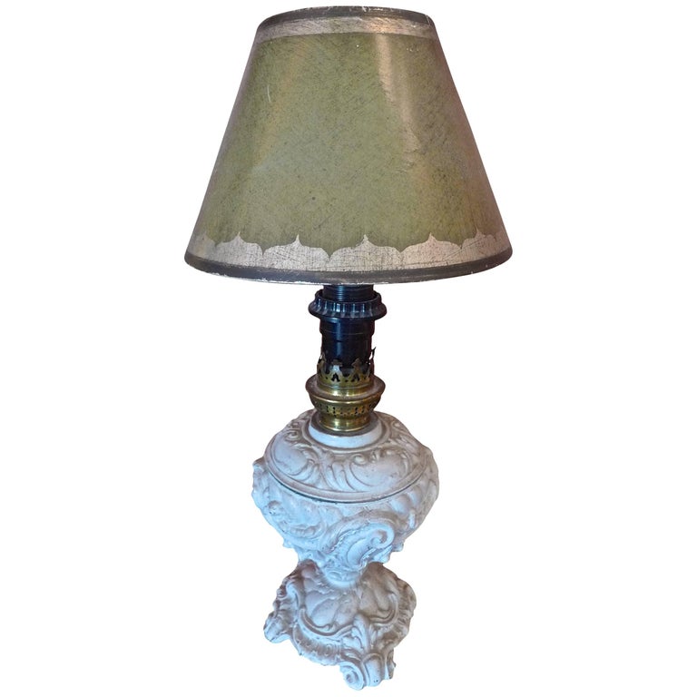 French 1920s Painted Metal Table Lamp With Wax Shade