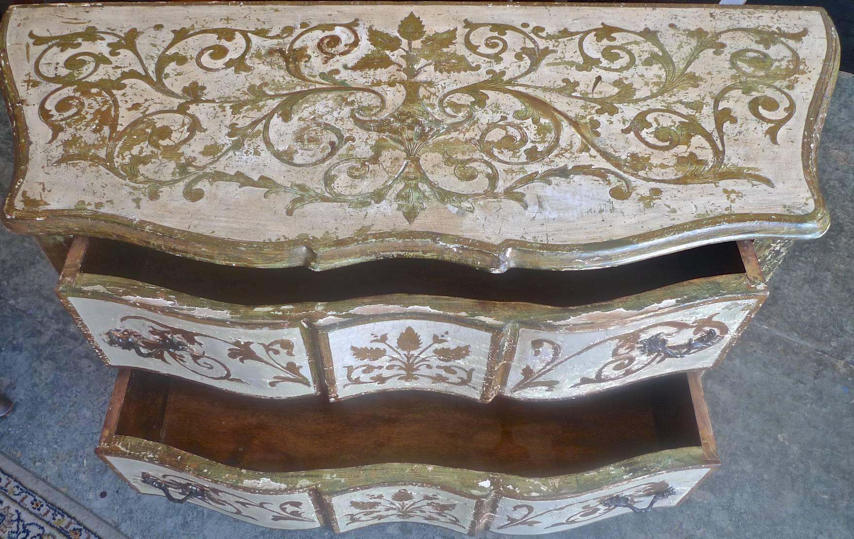 Italian 19th century Venetian hand painted hand carved 3-drawer commode or chest.