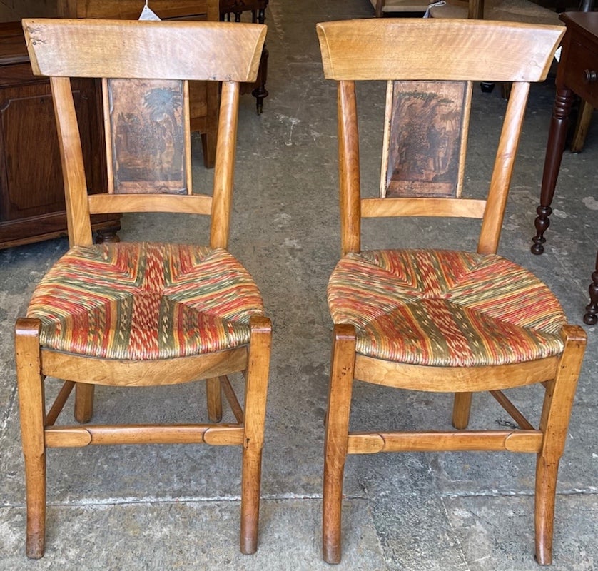 2 French 19th Century Fruitwood Les Incas Side Chairs with Original Rush Seats In Distressed Condition For Sale In Santa Monica, CA