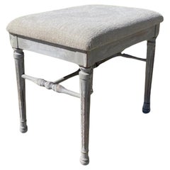 Small French 19 Century Painted Carved Bench With Upholstered Fabric Seat