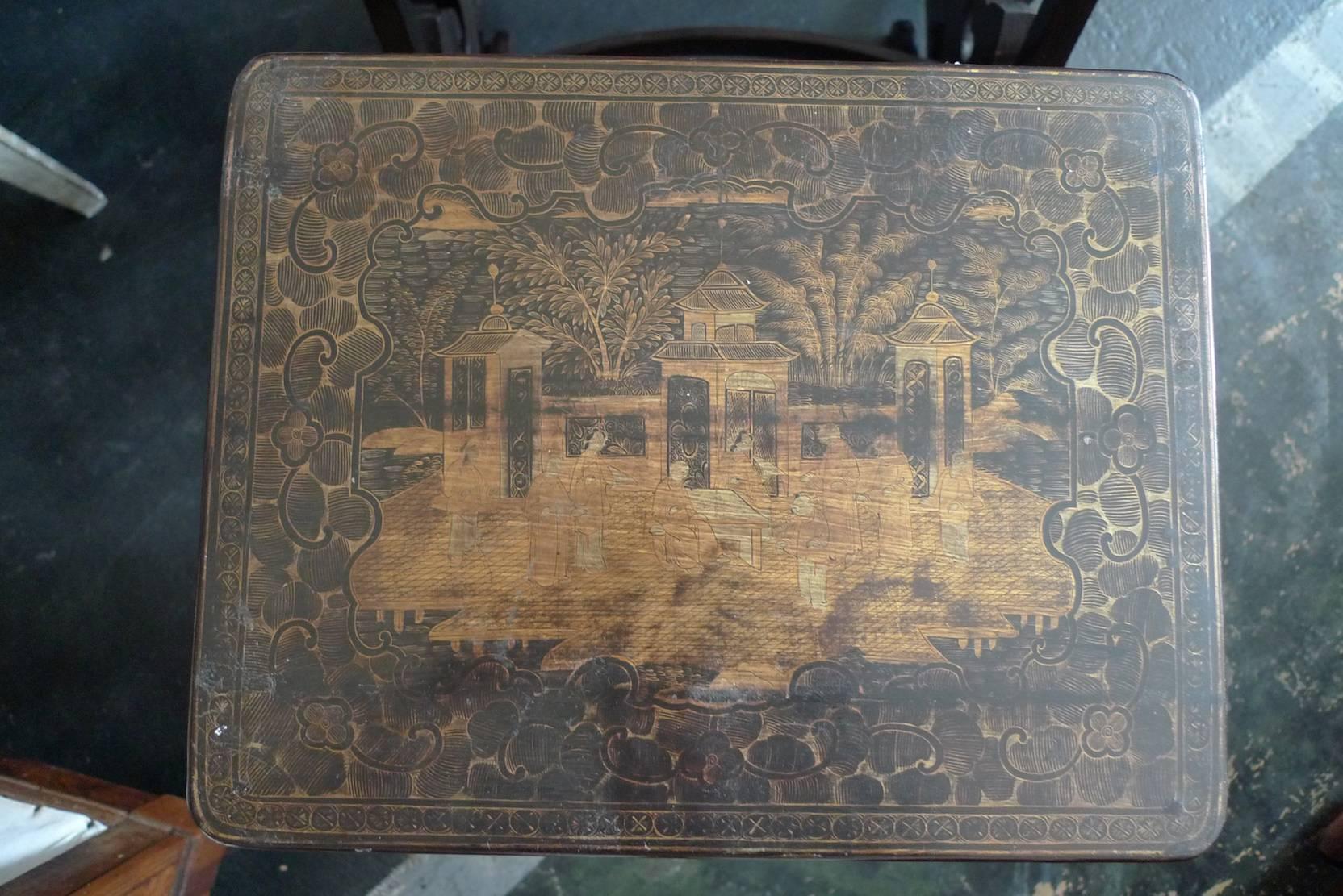 Wood French XVIII 'Three' Nest of Tables With Asian Motif