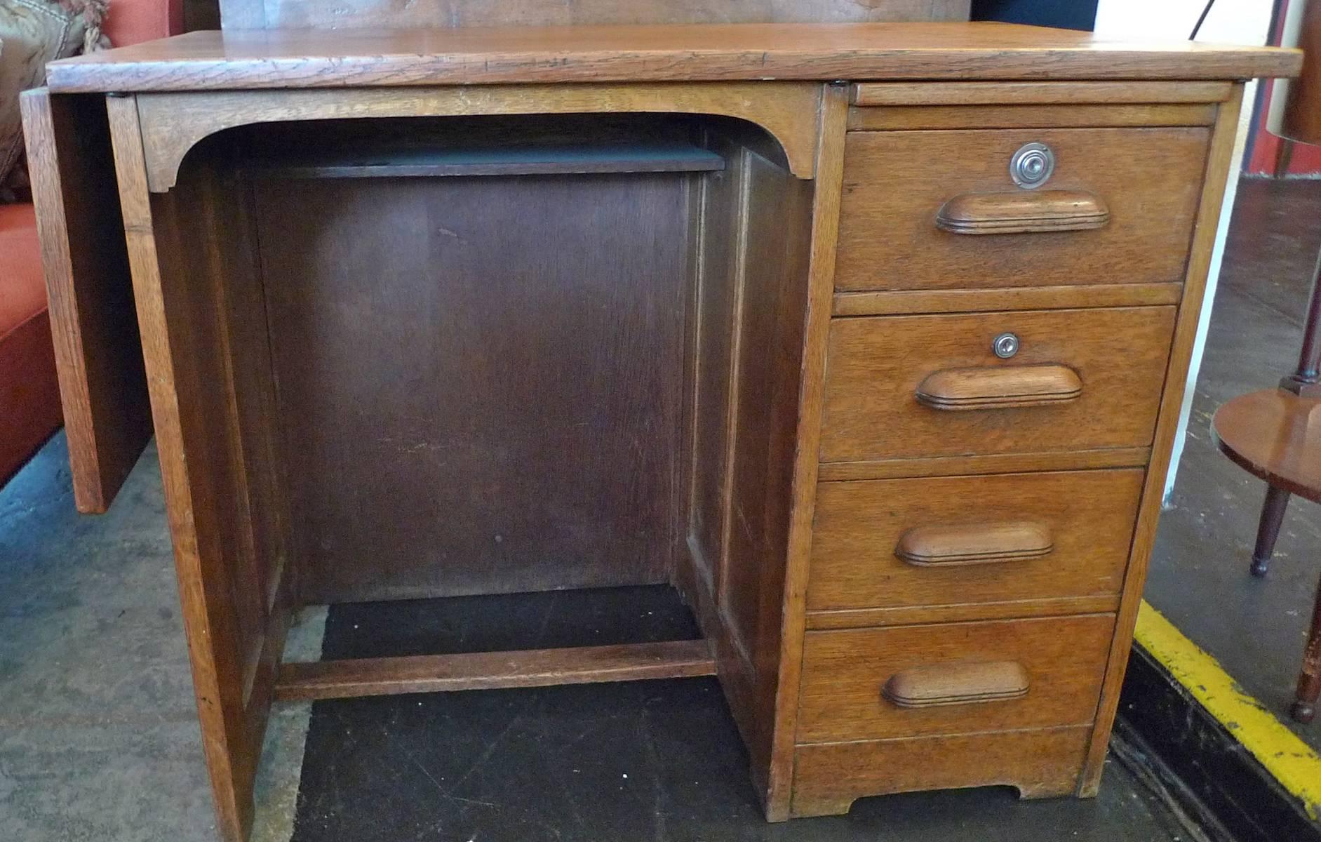 Stained French 1940s School Writing Desk with Extension Flap and Four Drawers.