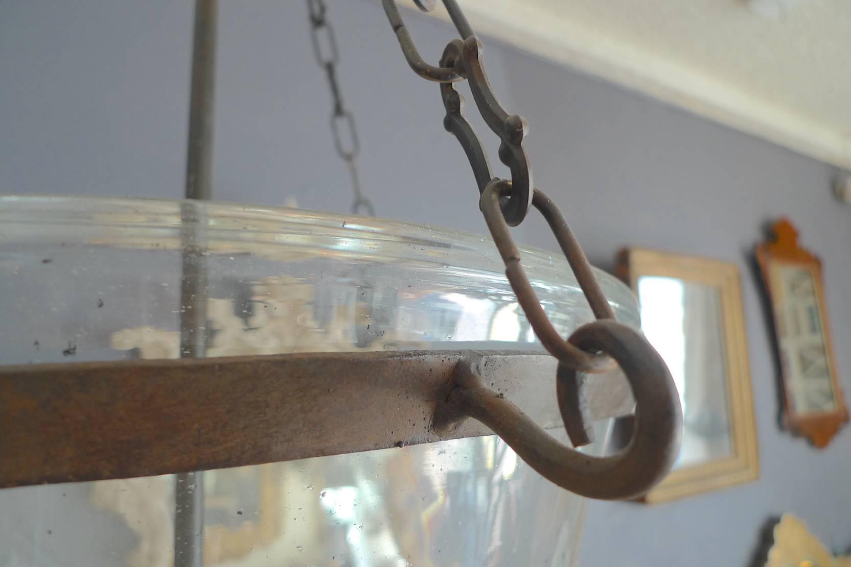 Late 19th Century French 19th Century Partially Frosted Bell Jar Pendant with Iron Chain Fittings