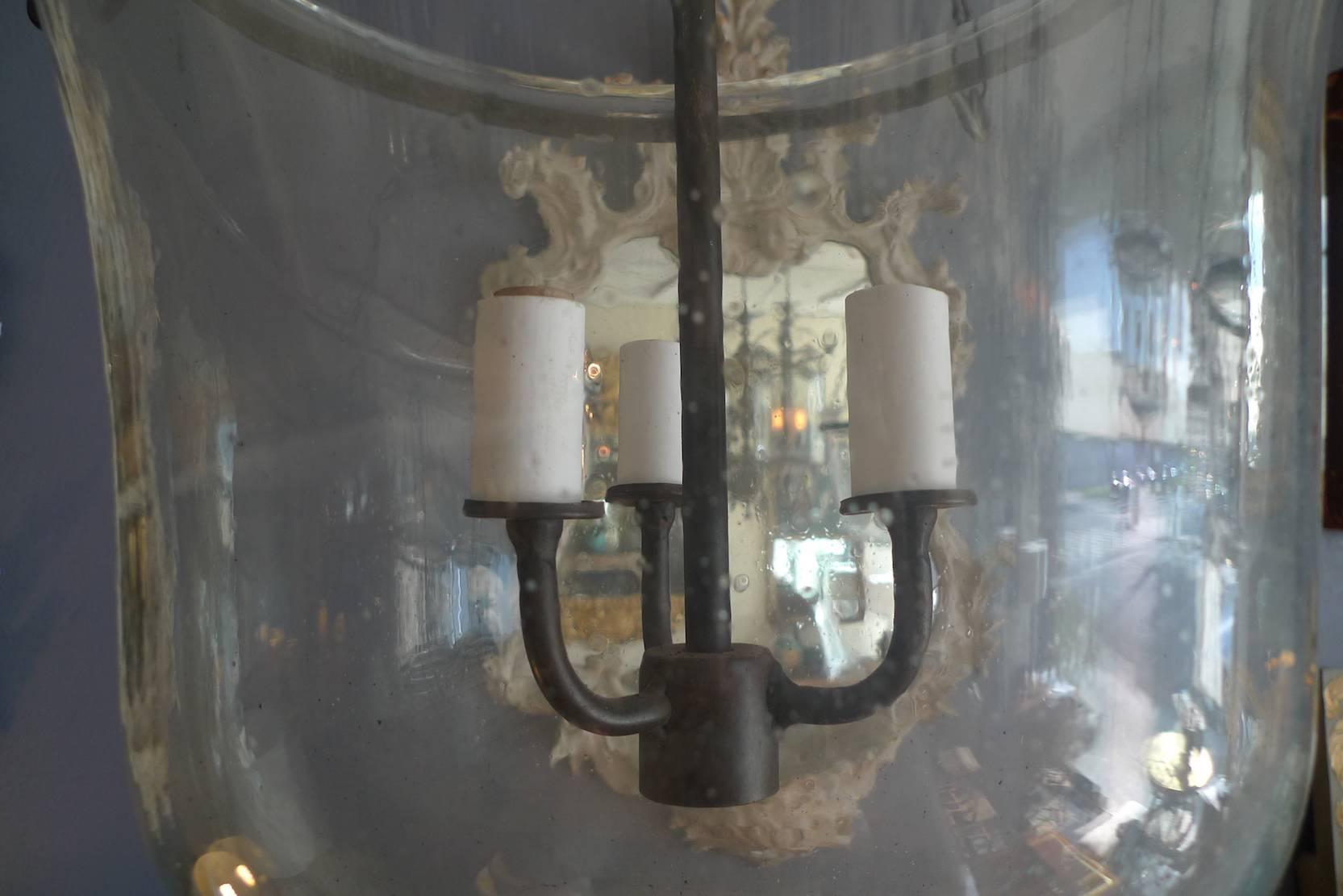 French 19th Century Partially Frosted Bell Jar Pendant with Iron Chain Fittings In Distressed Condition In Santa Monica, CA