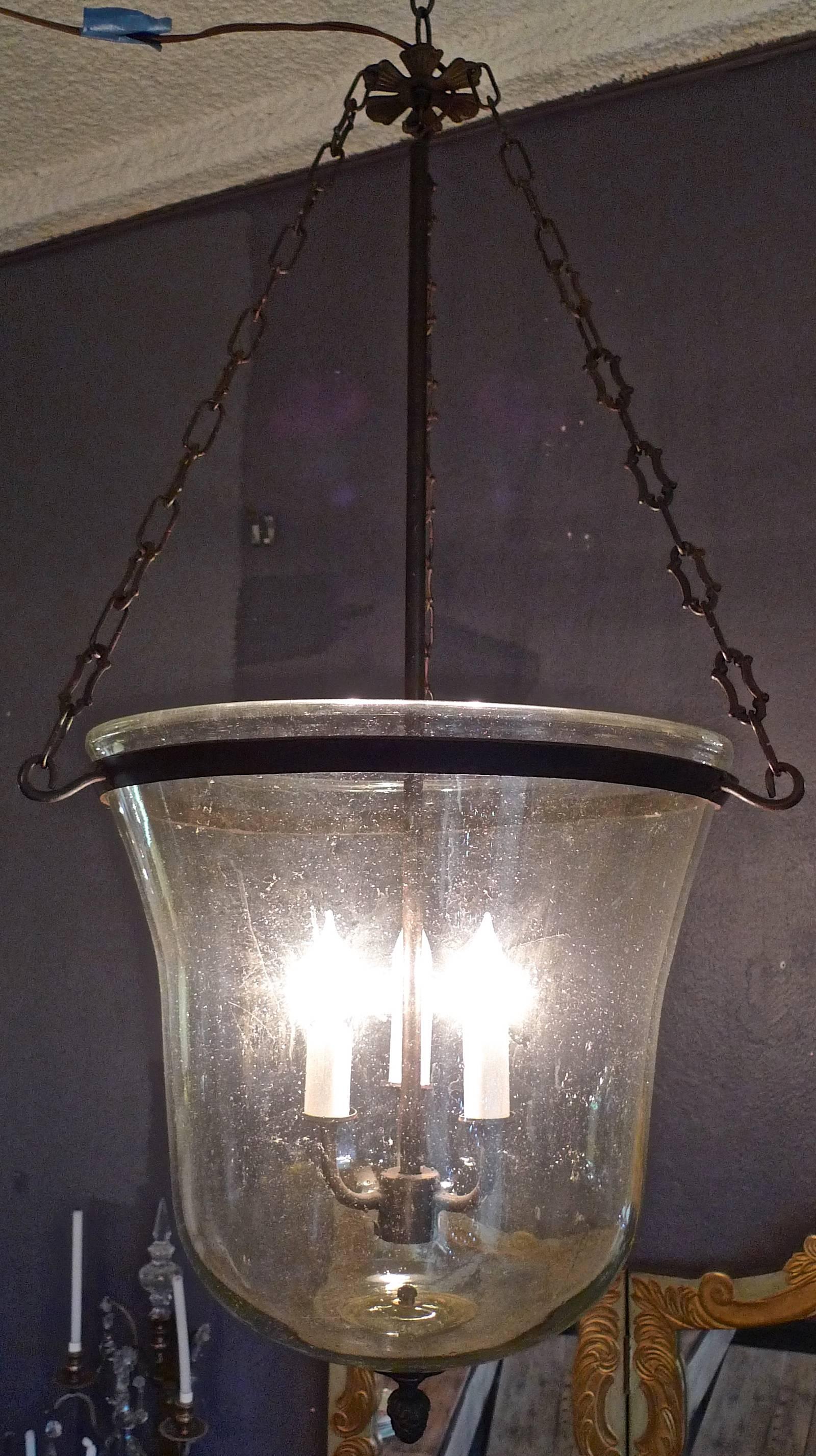 French 19th Century Partially Frosted Bell Jar Pendant with Iron Chain Fittings 5