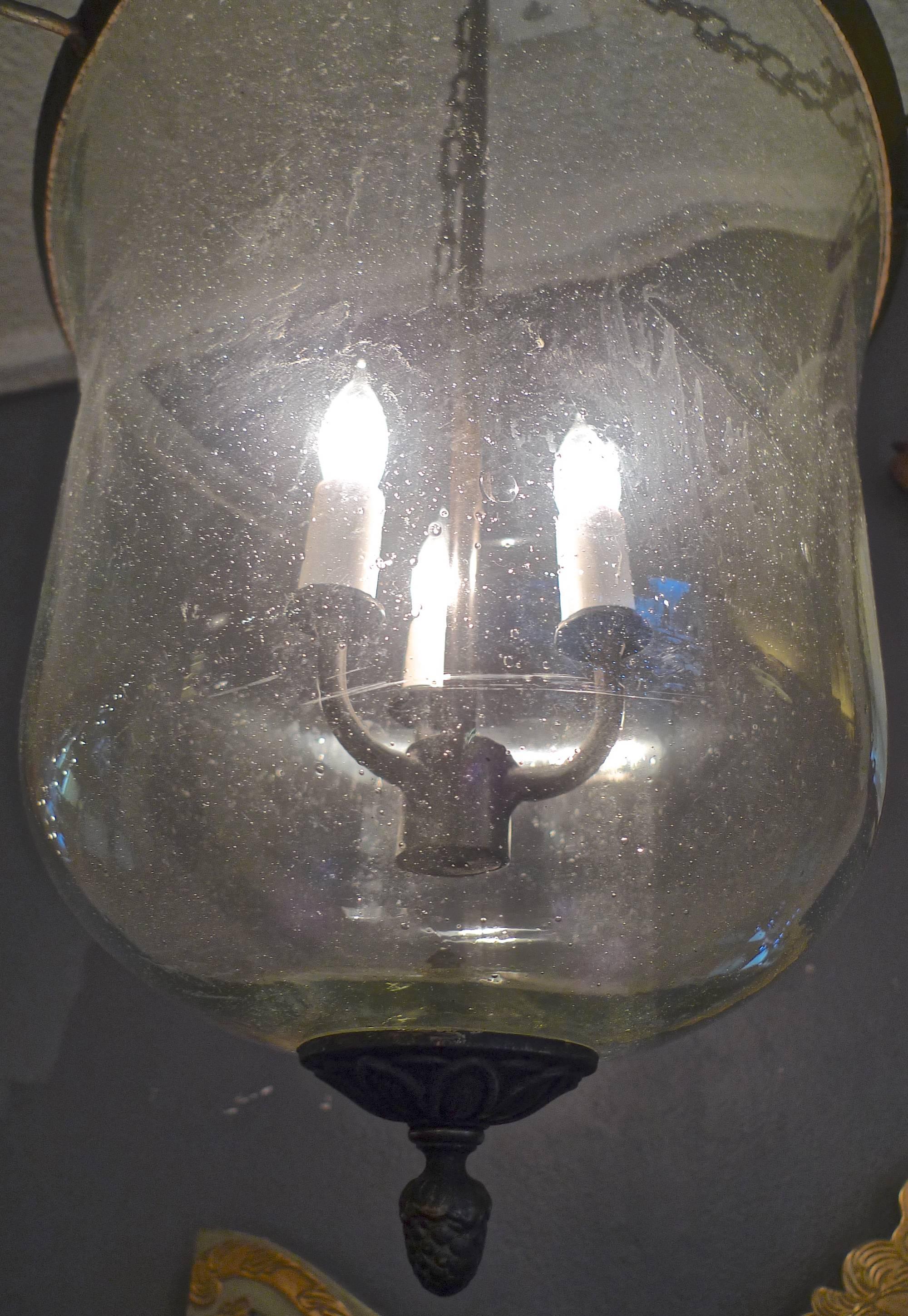 French 19th Century Partially Frosted Bell Jar Pendant with Iron Chain Fittings 3