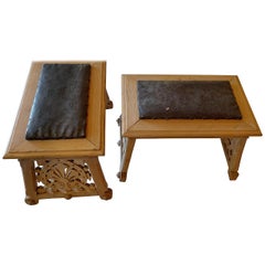 Two Spanish 19th Century Hand-Carved Pine Stools With Leather Seats.