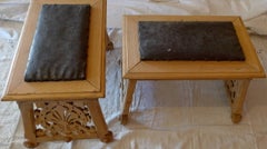 Two Spanish 19th Century Hand-Carved Pine Stools With Leather Seats.