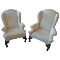 Two English Georgian XVIII Mahogany Framed Wingback Armchairs. Sold as is.