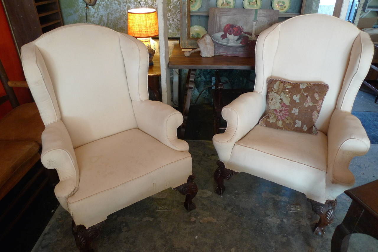 18th Century Two English Georgian XVIII Mahogany Framed Wingback Armchairs. Sold as is.