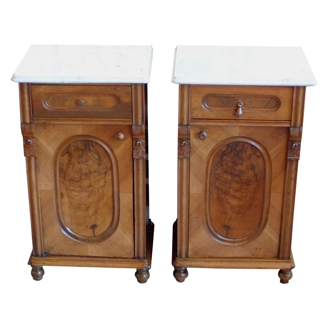 Two English 19th Century Nightstands with Marble Top, Single Door and One Drawer