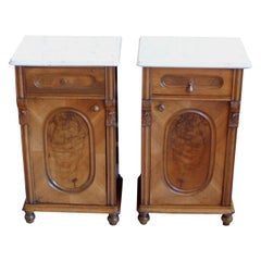 Antique Two English 19th Century Nightstands with Marble Top, Single Door and One Drawer