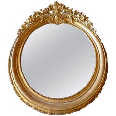 Antique French 19th Century Hand-Carved Louis XVI Gold-Leaf Oval Mirror with Crown