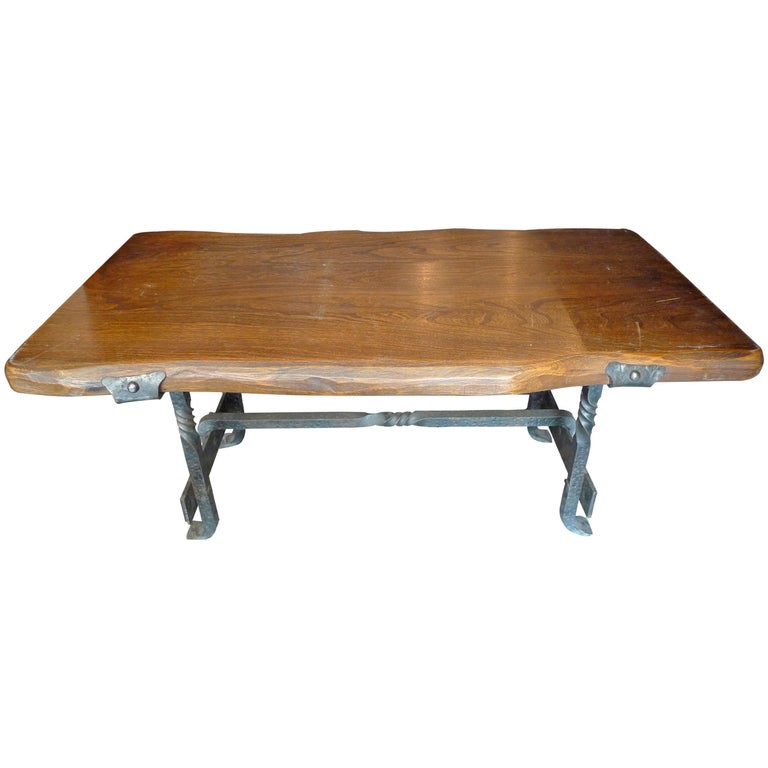French 1960s Small Walnut Coffee Table With Wrought Iron Legs For French 1960s Small Walnut Coffee Table With Wrought Iron Legs For