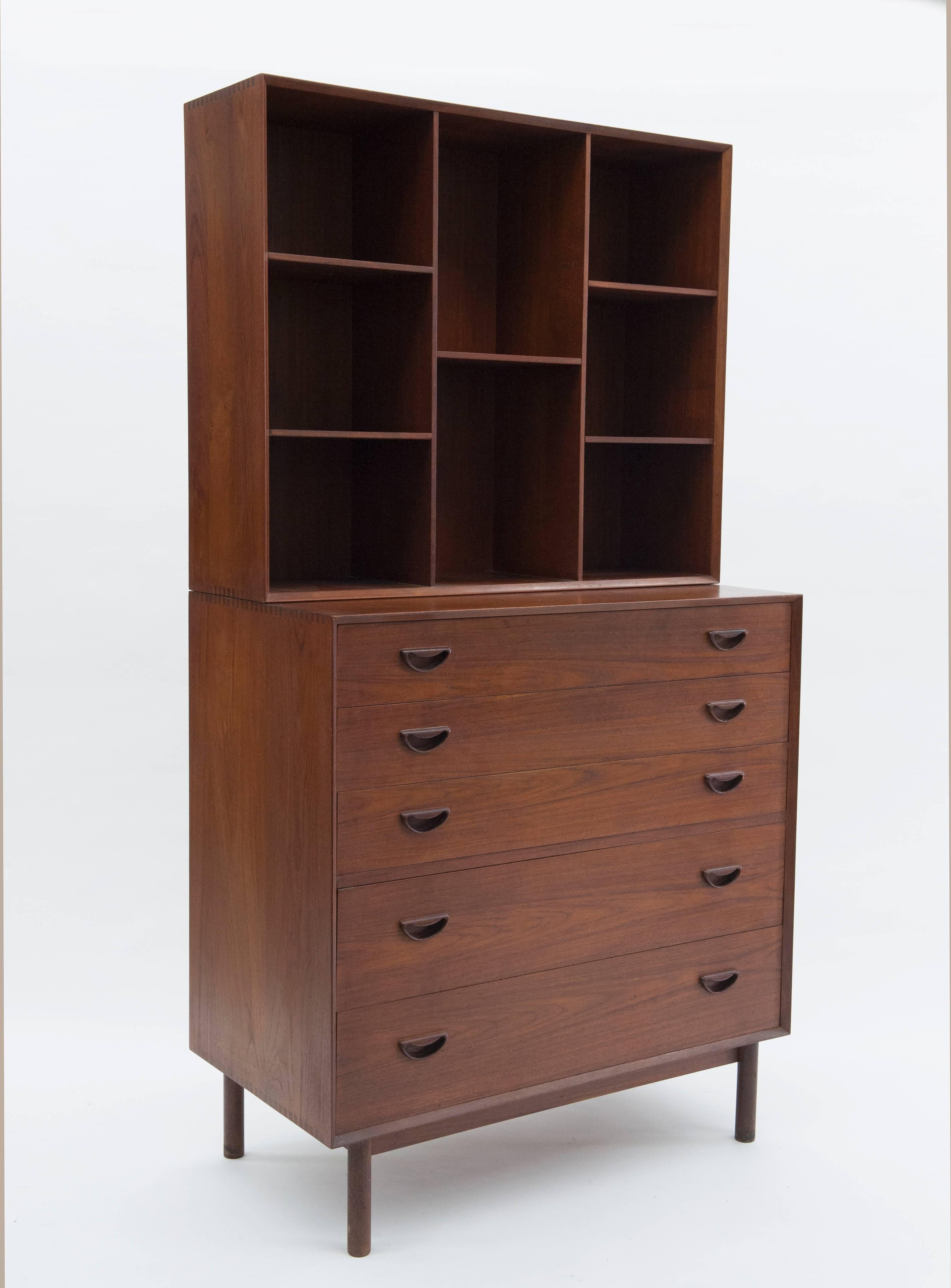 Solid teak chest of drawers and bookcase by Peter Hvidt and Orla Molgaard-Nielsen, Denmark. Cabinet maker quality construction. Highly functional piece in excellent condition.