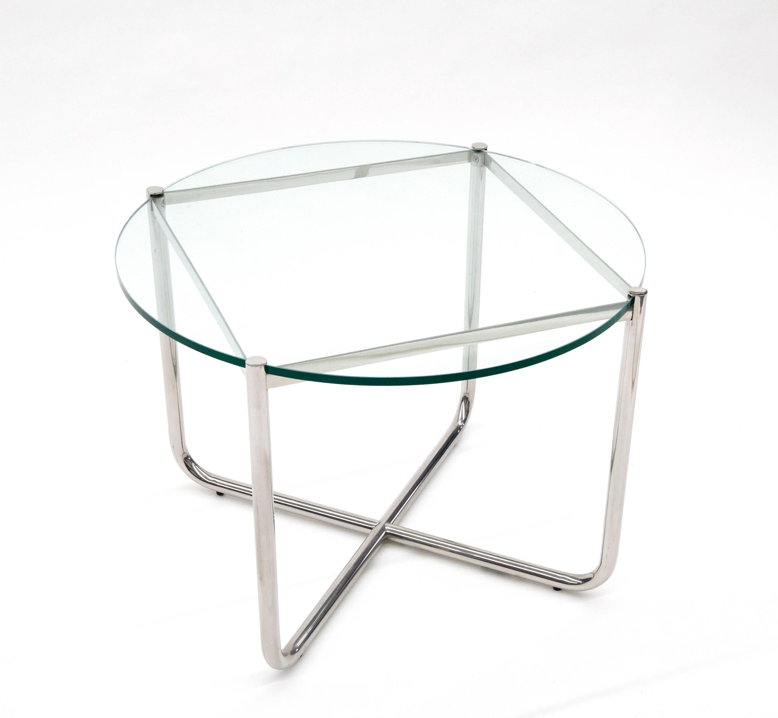 Classic modern glass side table designed by Mies van der Rohe and manufactured by Knoll. Table was designed in 1927 for the Tugendhat house. Glass is 1/2
