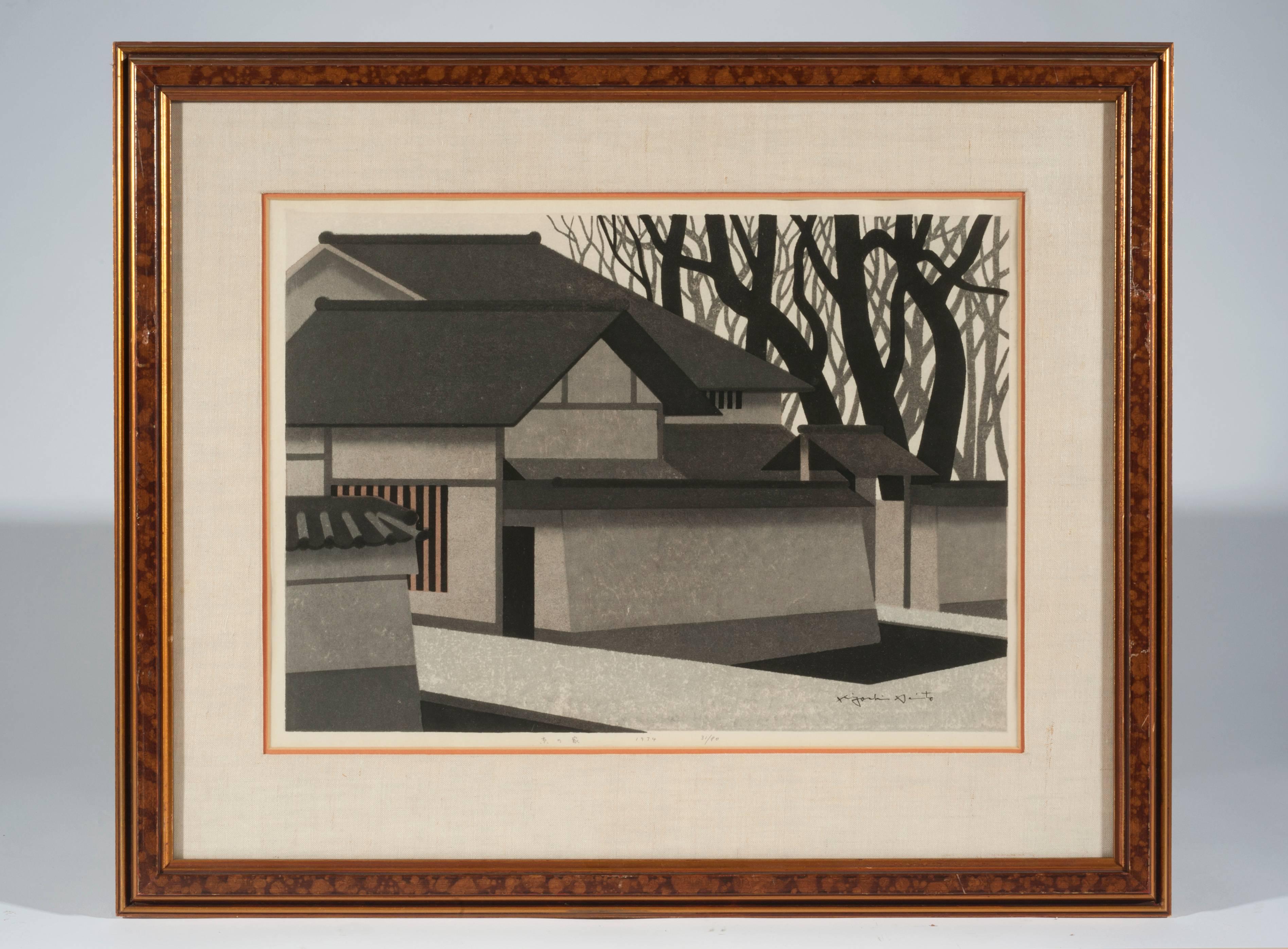 Beautiful architectural woodblock print by master artist Kiyoshi Saito (1907-1997). Dated 1974 and hand numbered 31/80. Print is in excellent condition. Matted and framed it measures 30.5 inches W x 26 H. Print measures 21.5 W x 16 H.