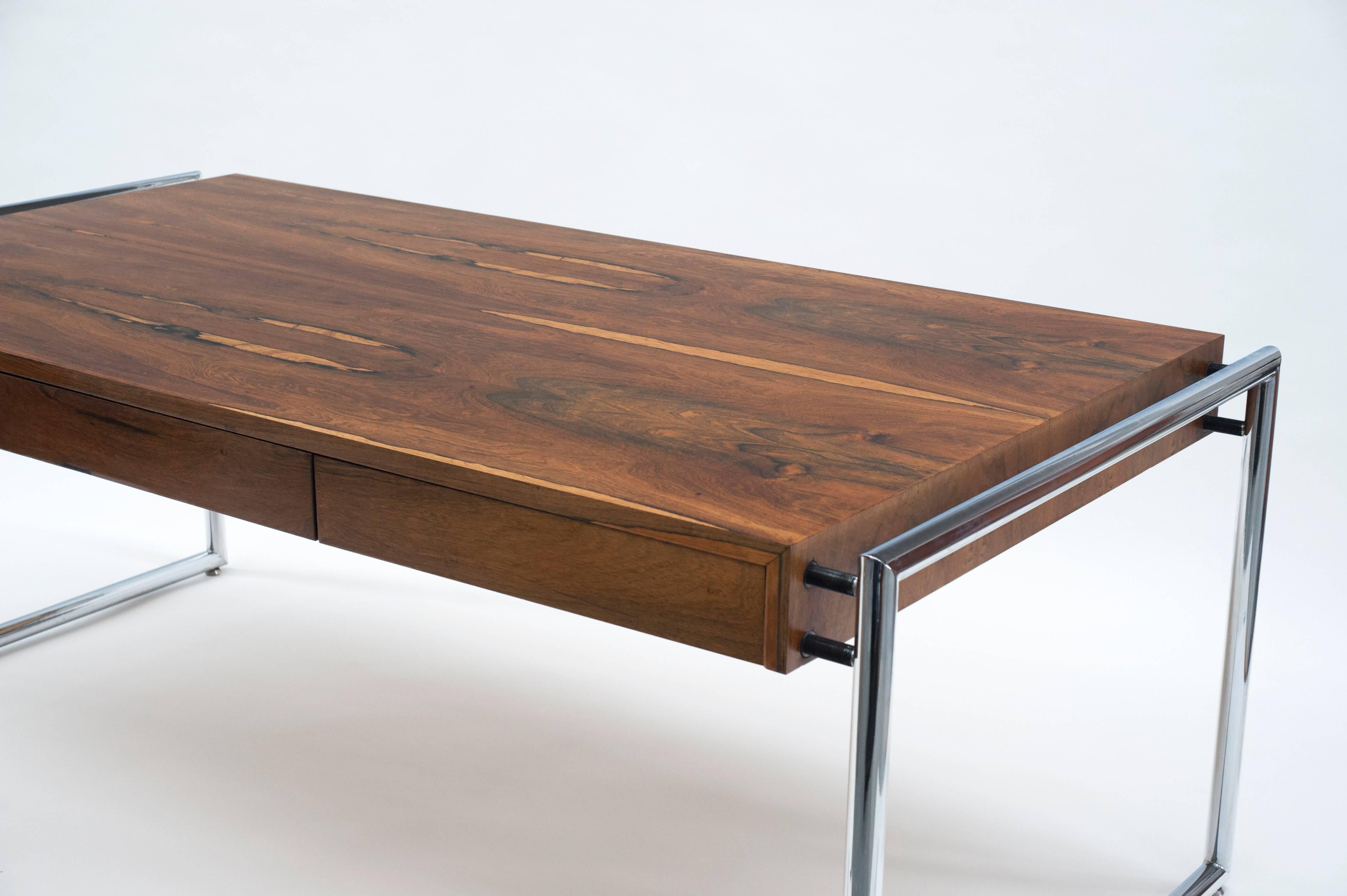 Large Modern Executive Rosewood Desk with Tubular Chrome Legs In Excellent Condition In Washington, DC