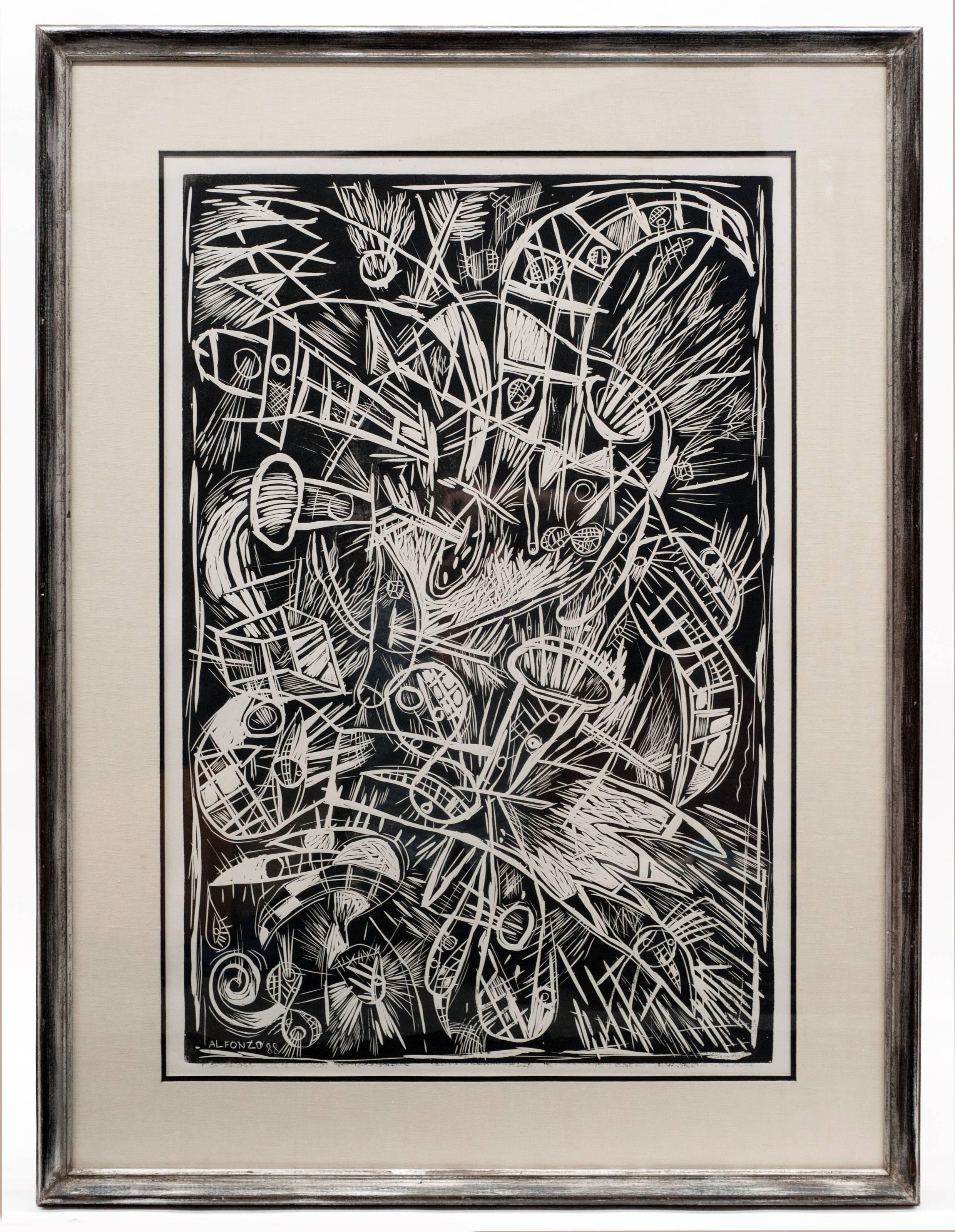 Large, one-of-a-kind block print by Carlos Alfonzo. This is the only known one of this work by the artist. Signed and dated 88' in lower left corner.  The block print is professionally framed and in excellent condition. Measures 47.5 inches H x 35.5