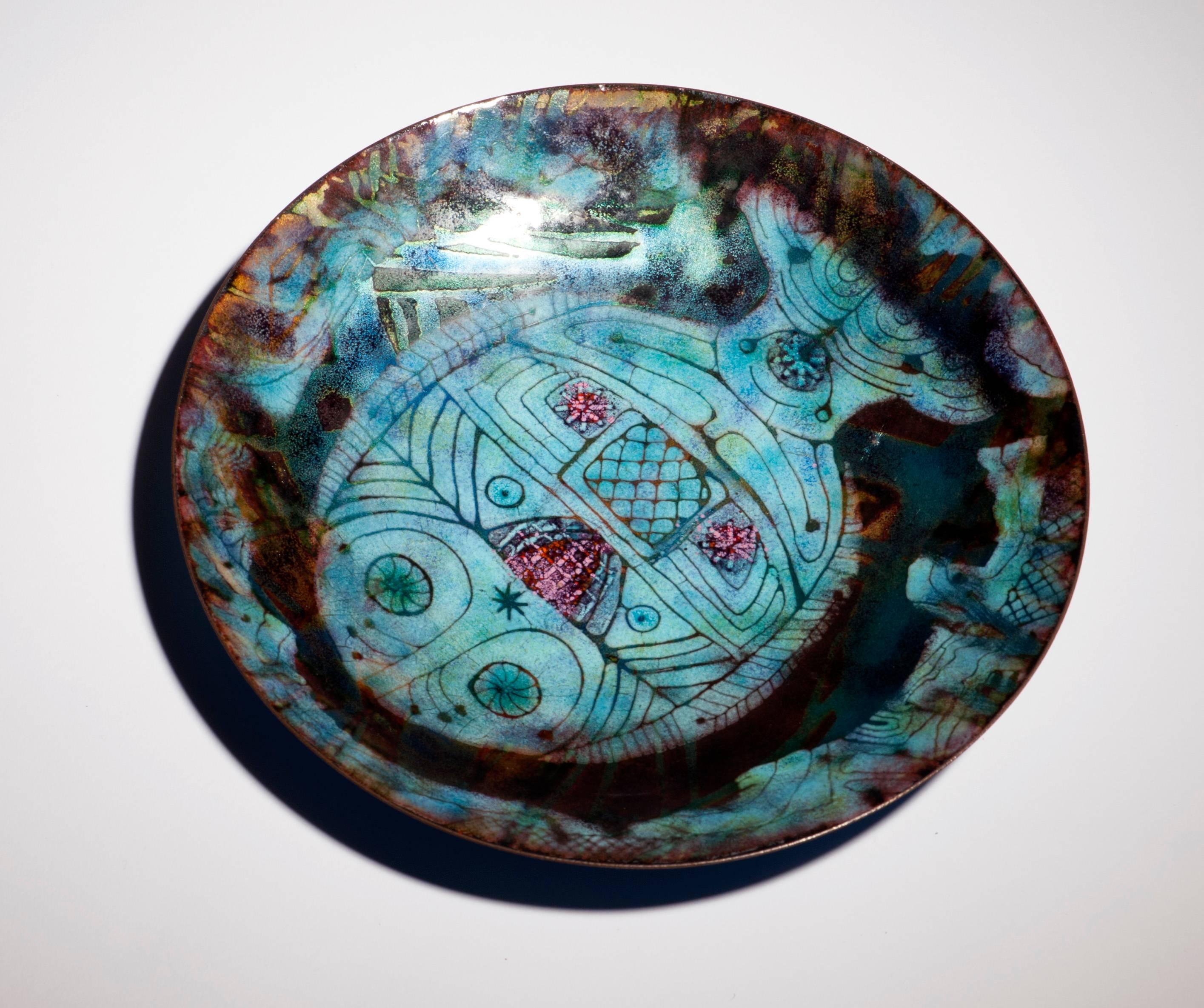 American Doris Hall Enamel on Copper Plate with Decorative Fish