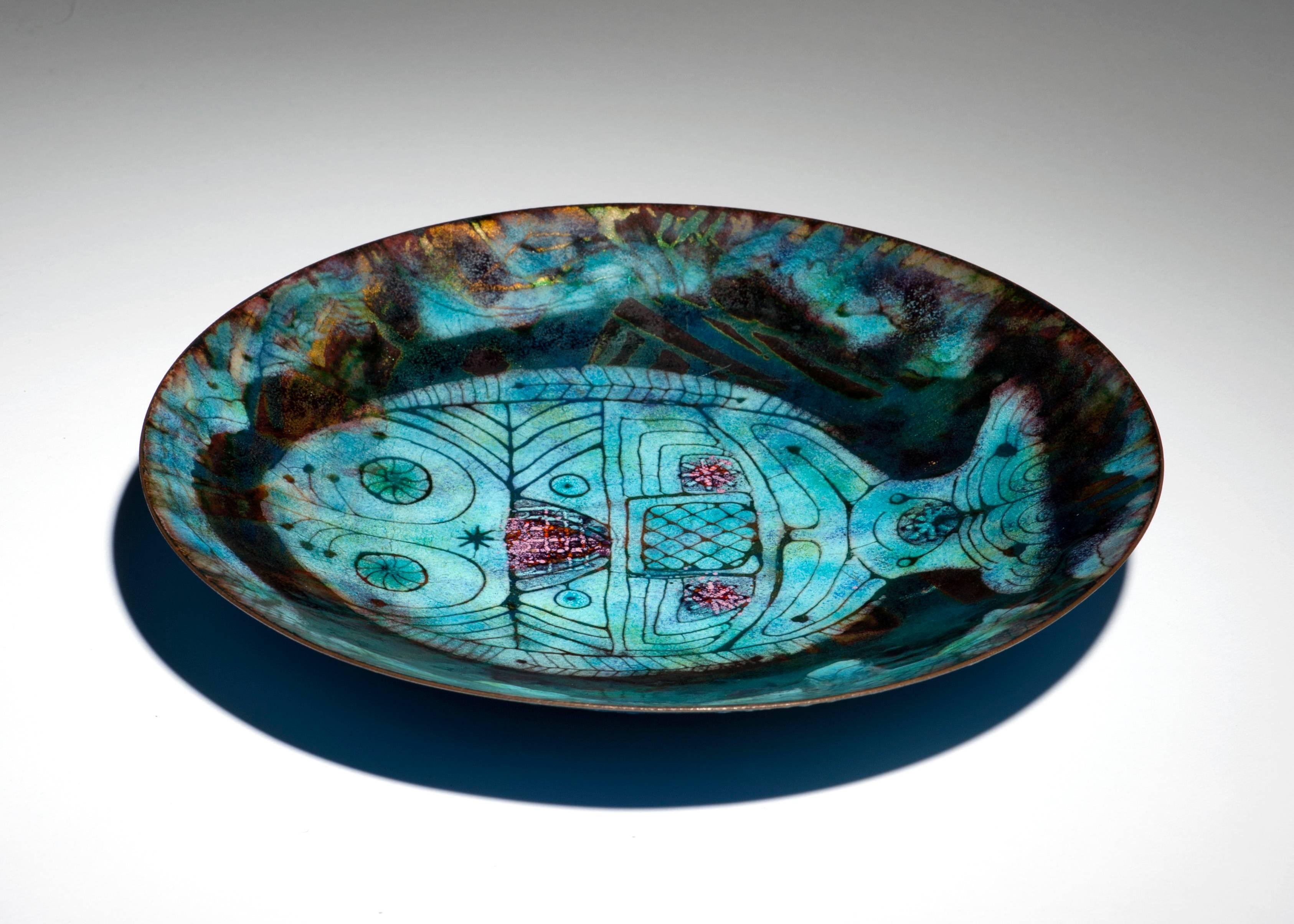 Doris Hall Enamel on Copper Plate with Decorative Fish In Excellent Condition In Washington, DC
