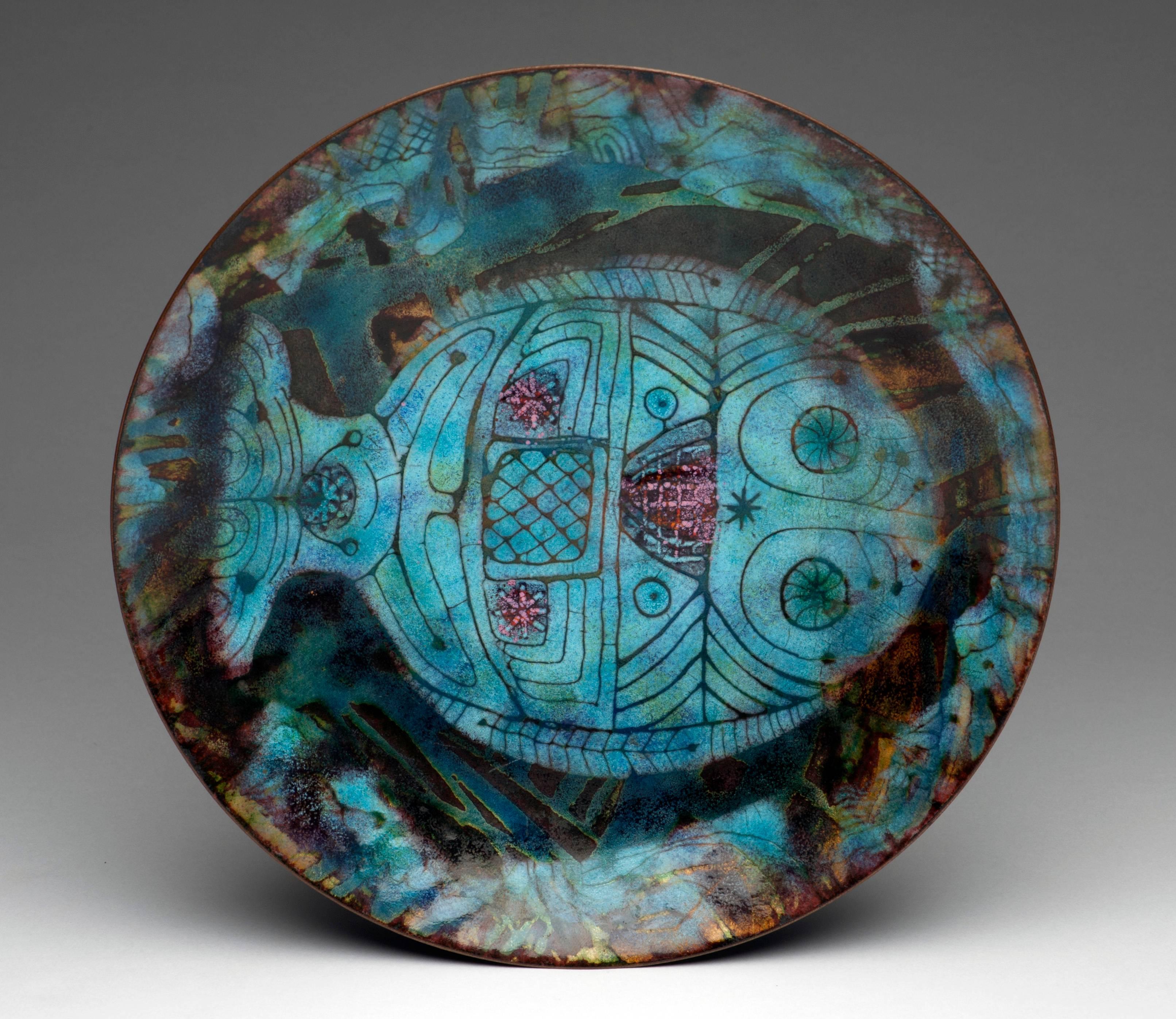 Appealing Mid-Century Modern enameled plate by American artist Doris Hall (1907-2000). Nicely detailed and in excellent condition. Signed on underside.
