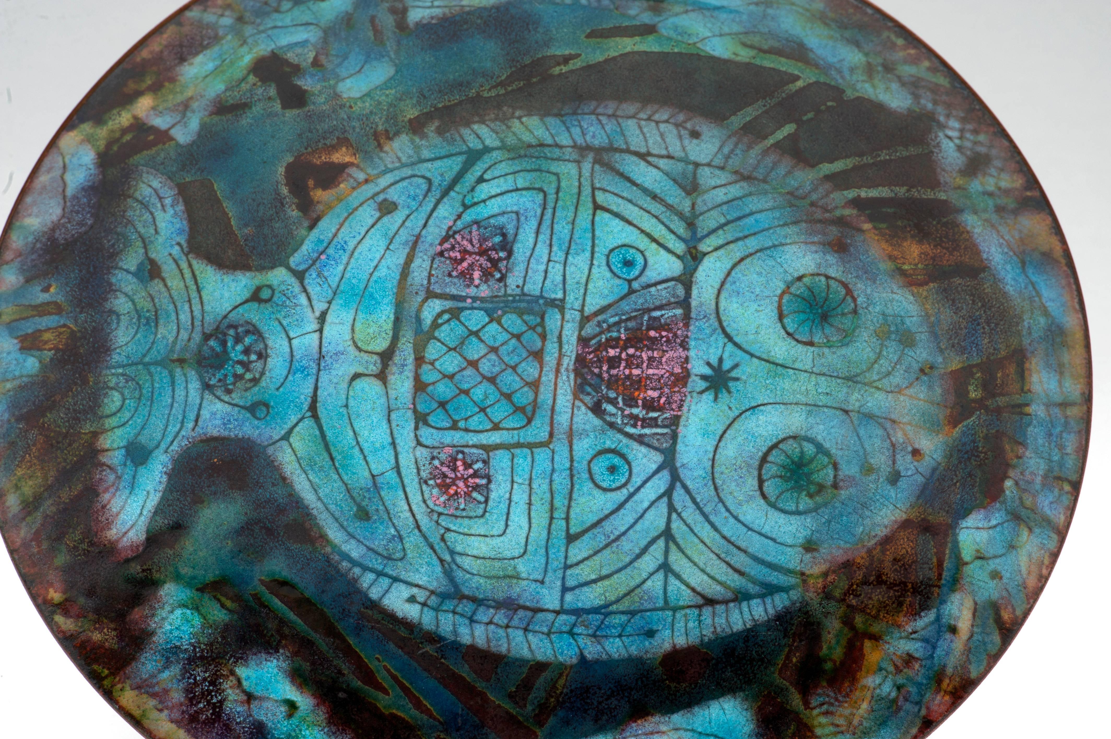 Mid-Century Modern Doris Hall Enamel on Copper Plate with Decorative Fish
