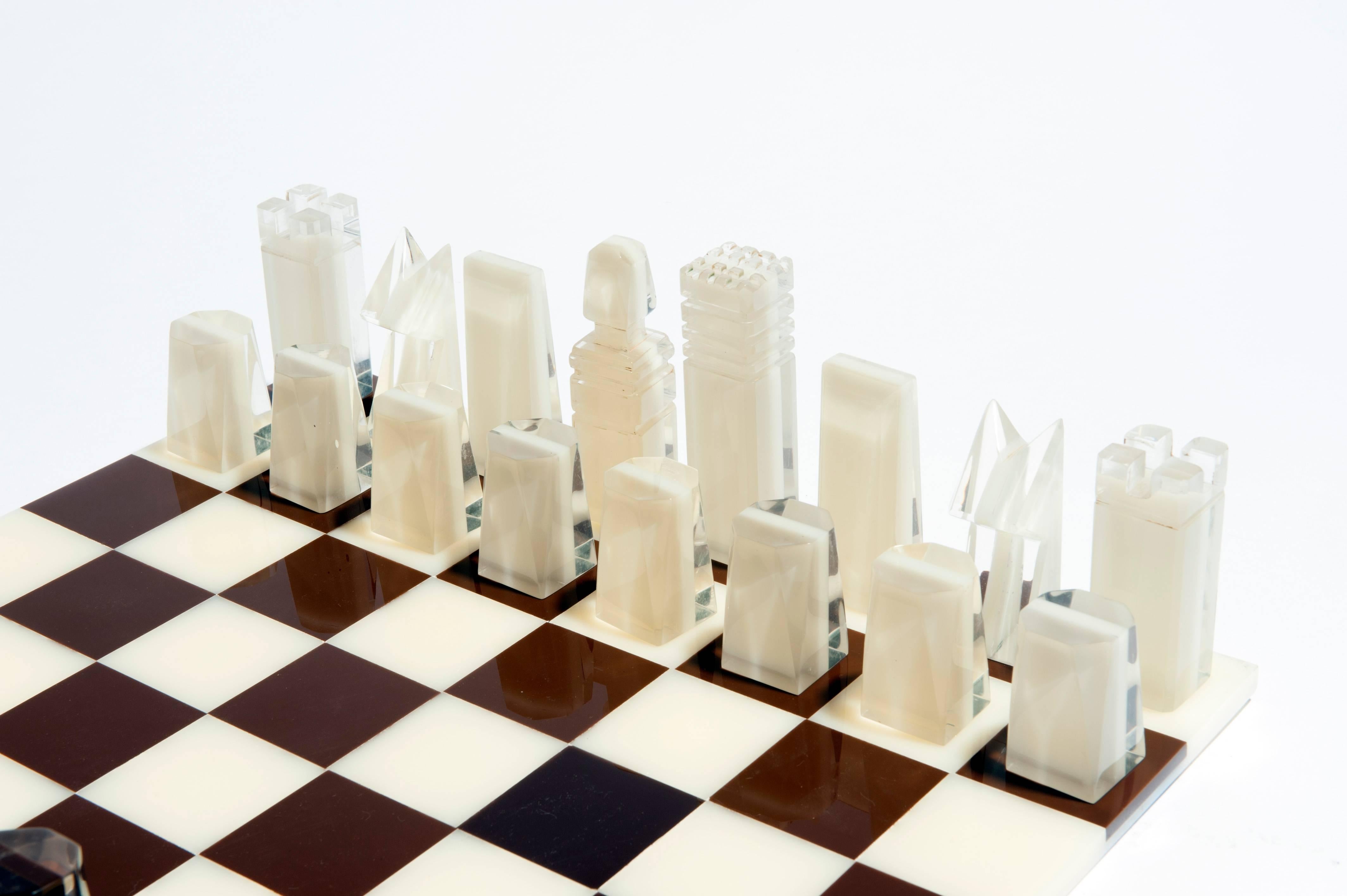 Modern Lucite Chess Set in White Brown and Clear Lucite In Excellent Condition In Washington, DC