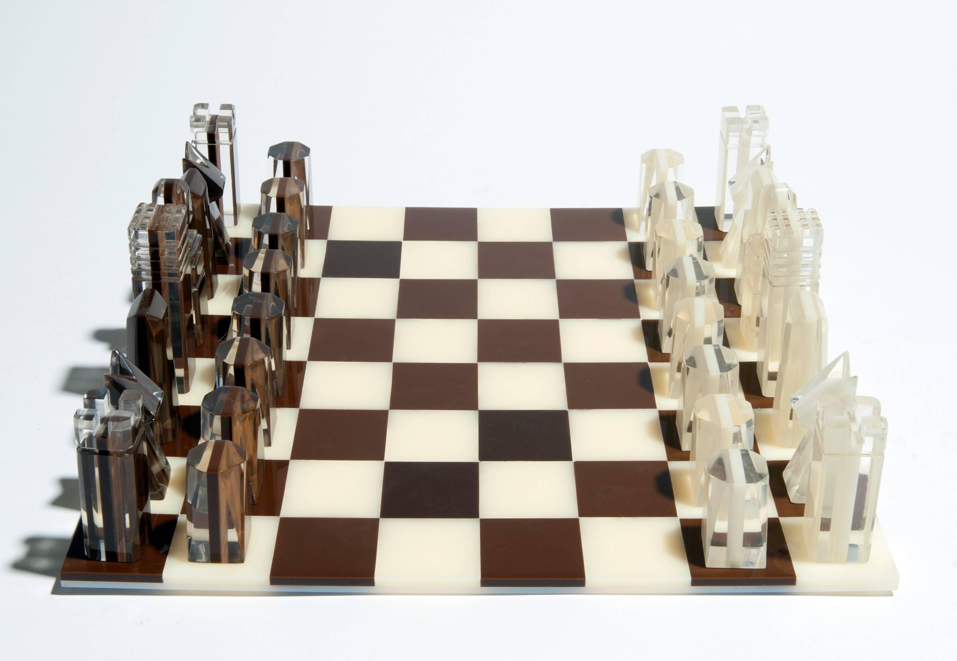 Acrylic Modern Lucite Chess Set in White Brown and Clear Lucite