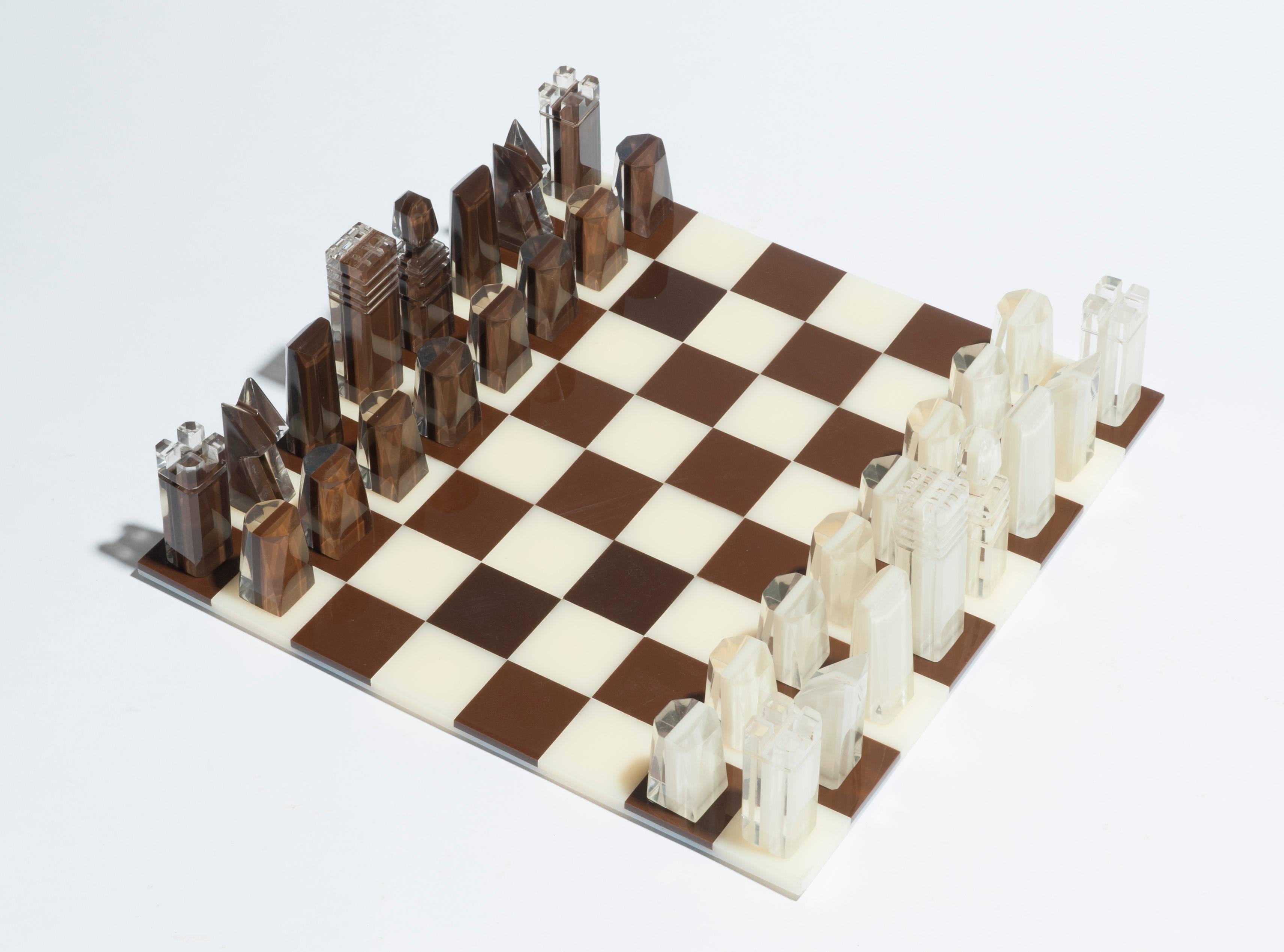 Modern Lucite Chess Set in White Brown and Clear Lucite 5