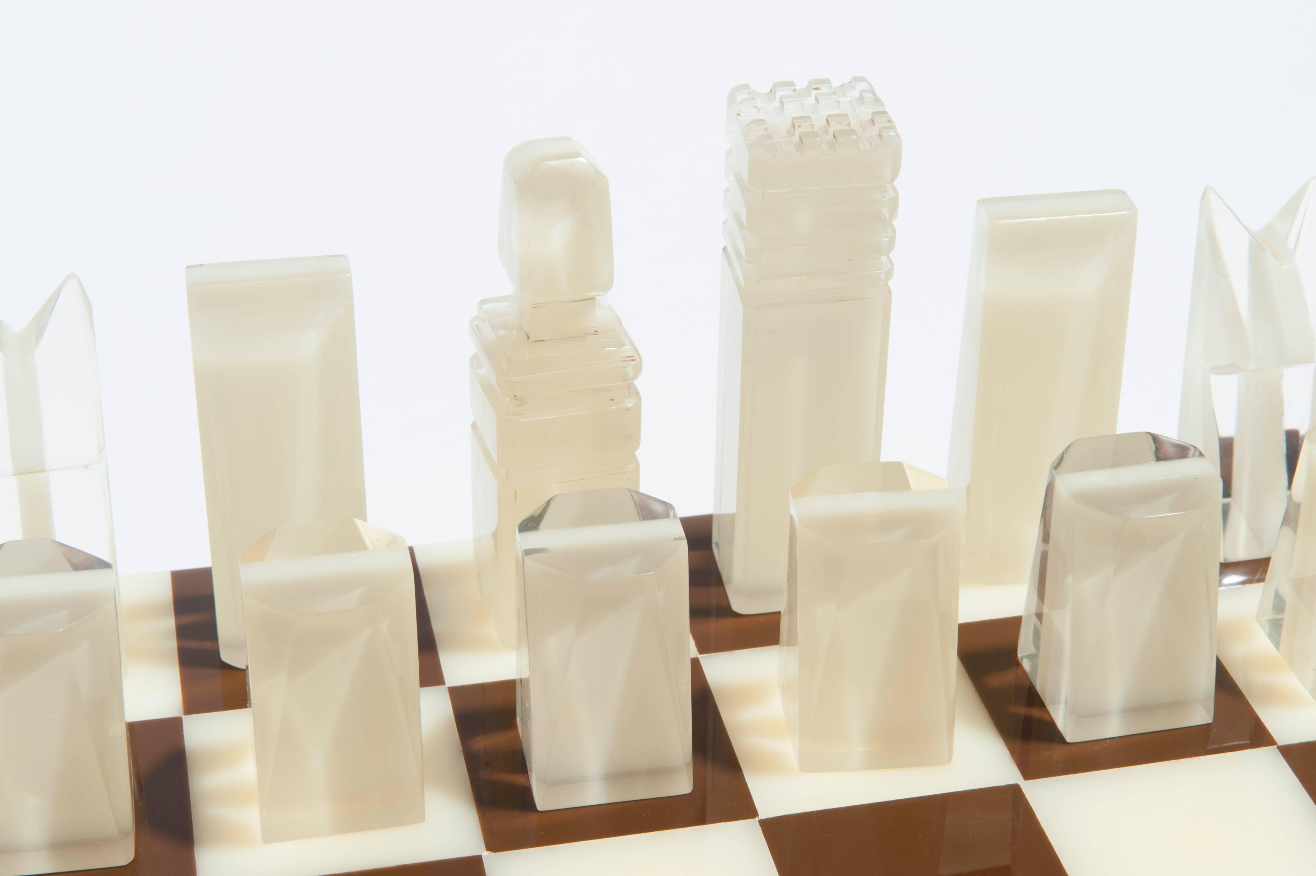 Modern Lucite Chess Set in White Brown and Clear Lucite 1