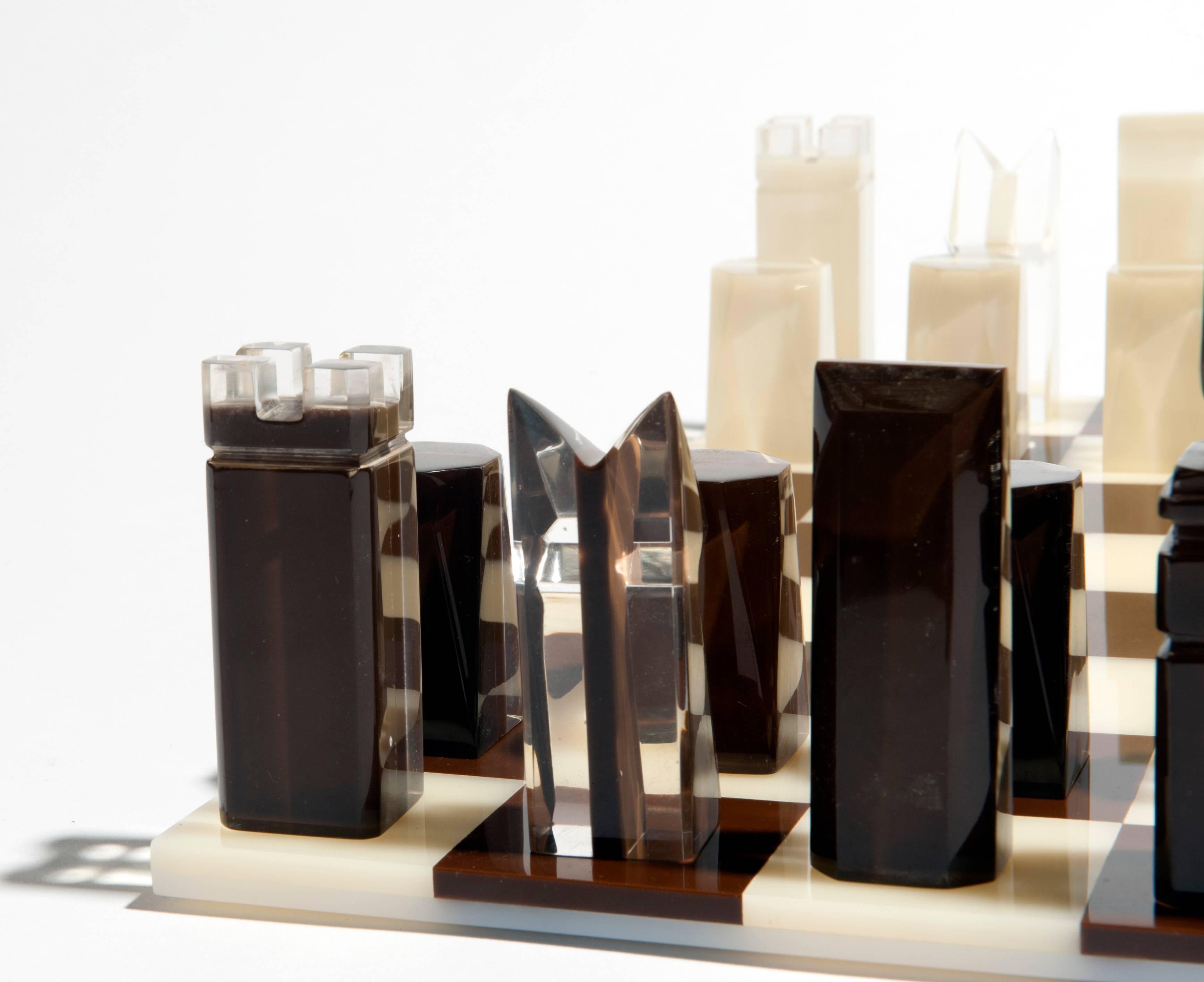 Modern Lucite Chess Set in White Brown and Clear Lucite 2